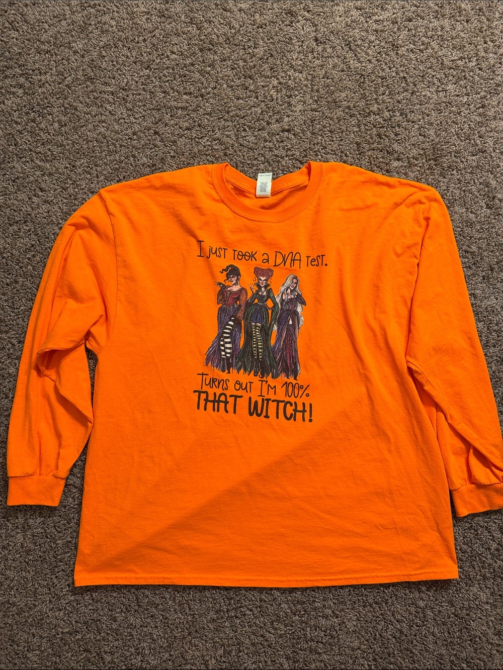Gildan Orange Long Sleeve Graphic Tee with Witch Illustration